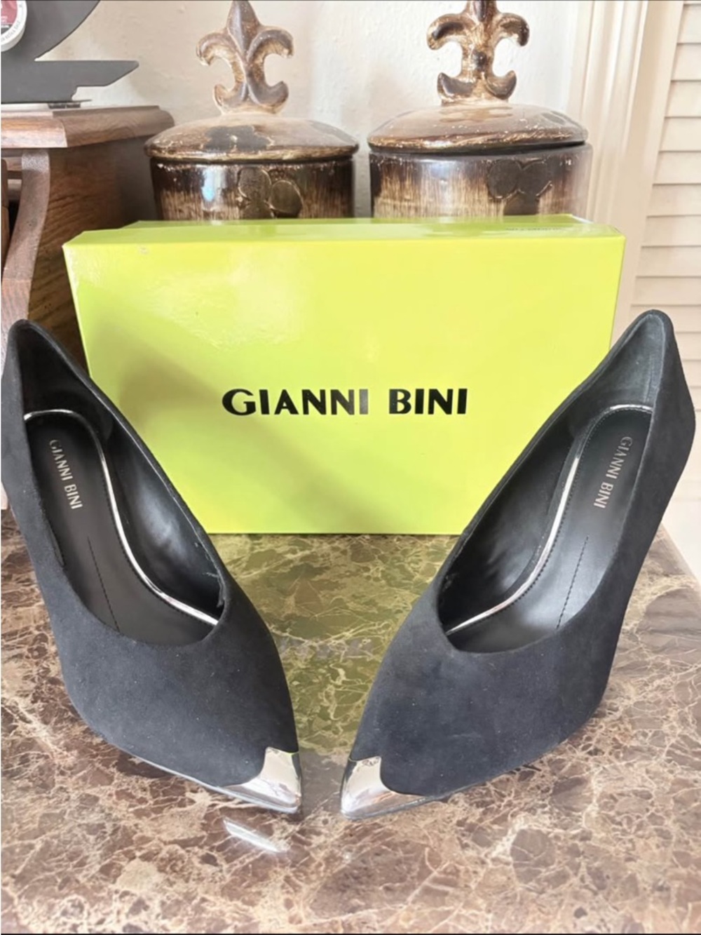 Gianni Bini Black Pointed Toe Pumps with Silver Cap Toe Accent